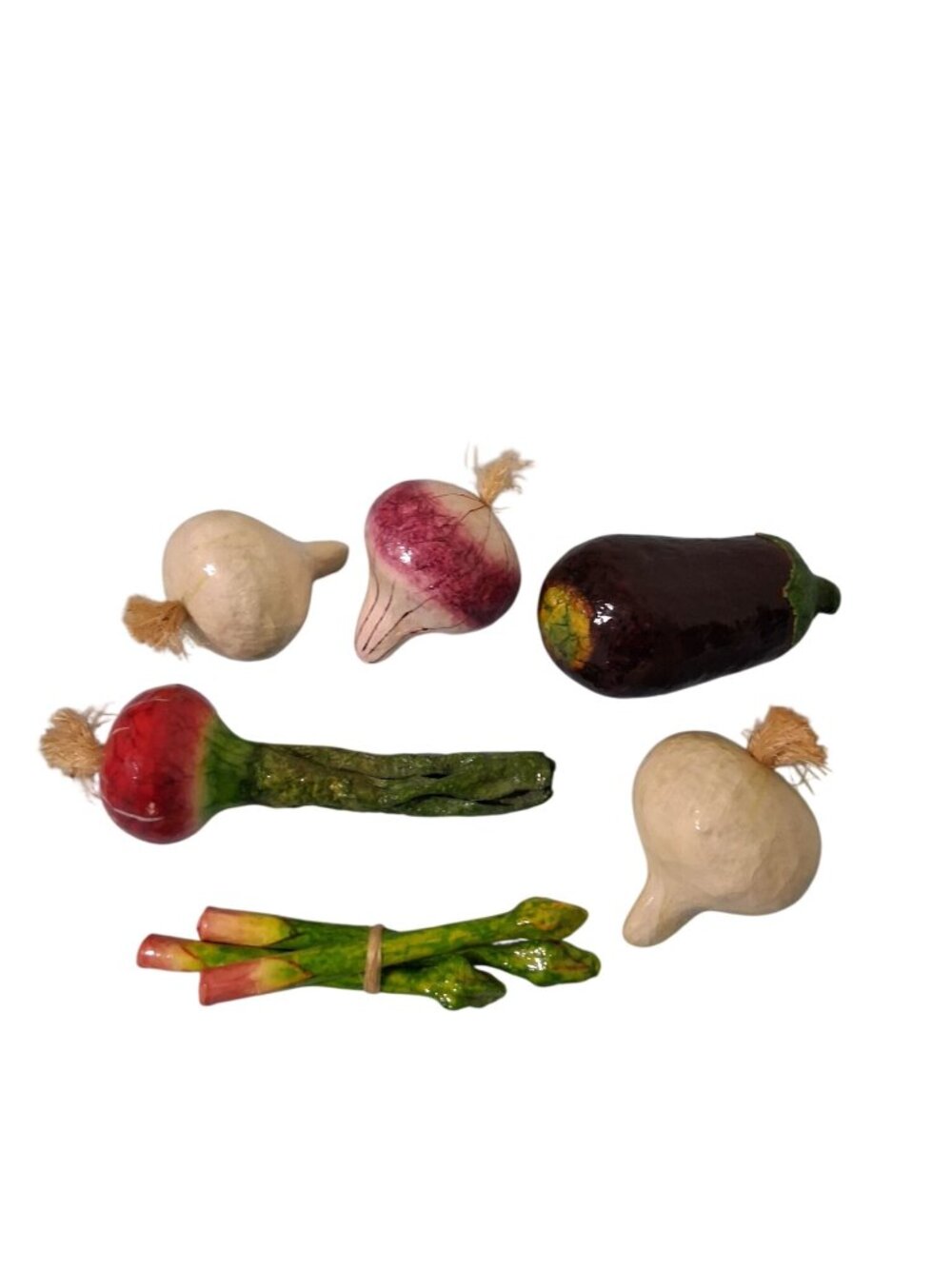 Paper Mache Vegetables Home Decor Set Eggplant Radish Turnips & Asparagus